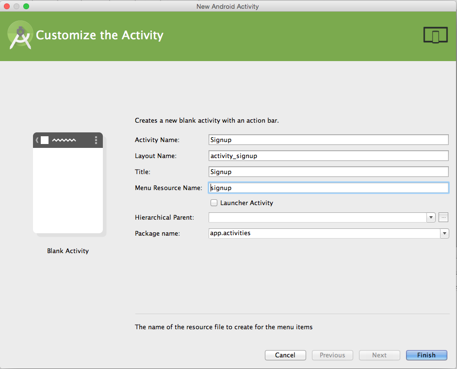 Figure 2: Customize activity (note we change Menu Resource Name)