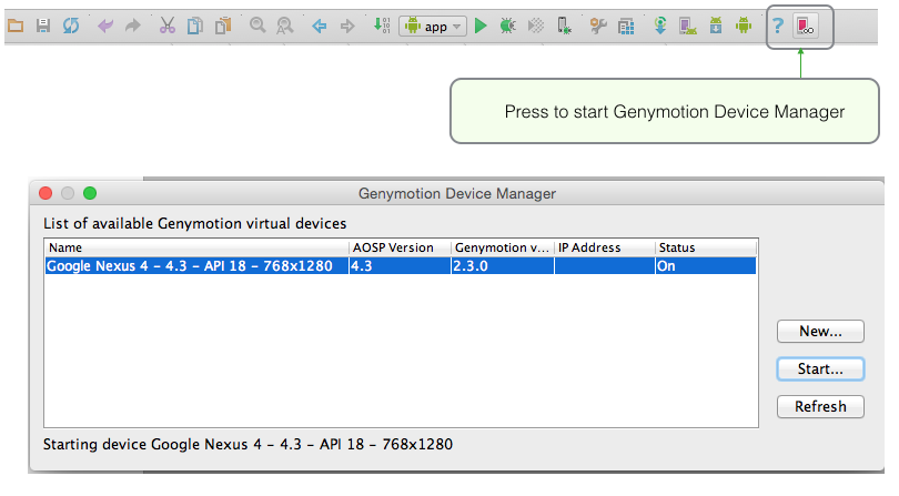 Figure 1: Start Genymotion emulator