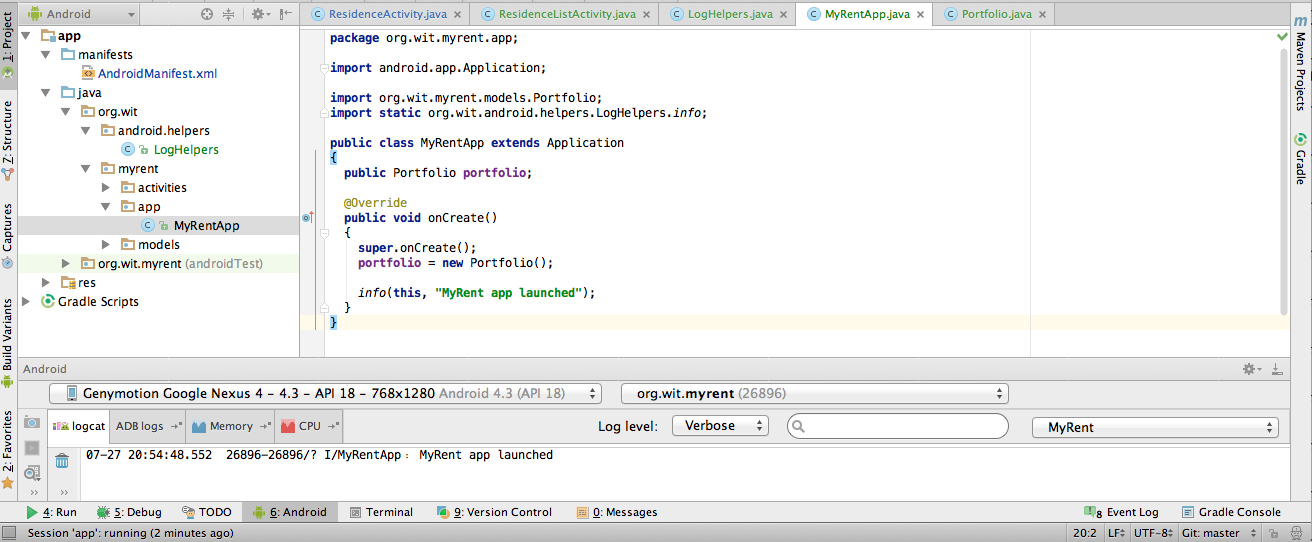 Figure 1: Log output generated within MyRentApp.onCreate