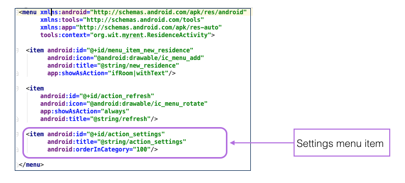 Figure 2: Default settings menu item