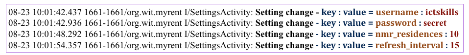 Figure 4: logcat displays result of changed settings