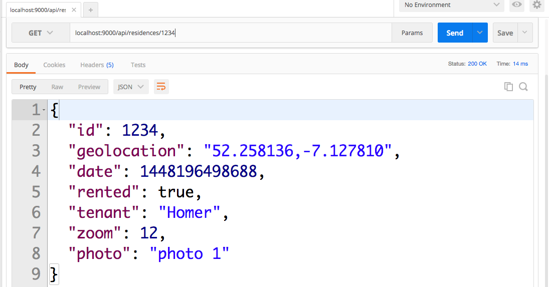 Figure 4: Postman - GET localhost:9000/api/residences/1234