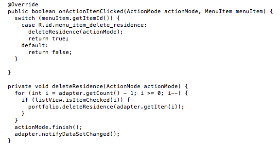 Figure 1: MultiChoiceModeListener method and helper to delete residence objects