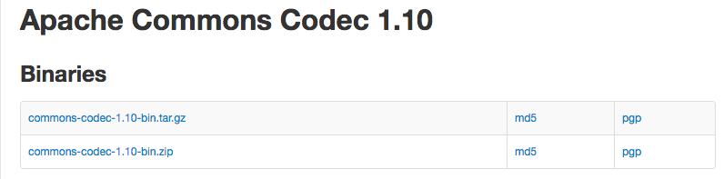 Figure 1: Apache Commons provides md5 hashes and pgp signatures to facilitate verification