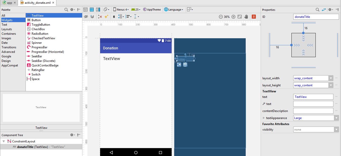 Figure 3: Margins set for the donateTitle TextView