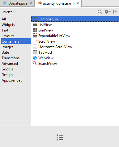 Figure 2: RadioGroup located in Container panel in palette