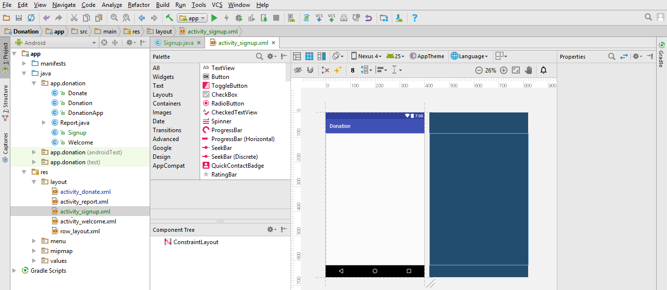 Figure 3: Design view of new file activity_signup.xml