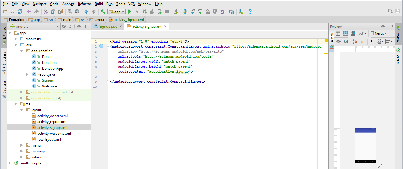 Figure 4: Text view of new file activity_signup.xml