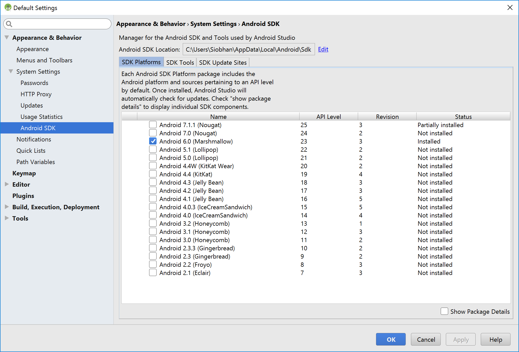 Figure 10: Android SDK Manager showing installed tools, adk and extras