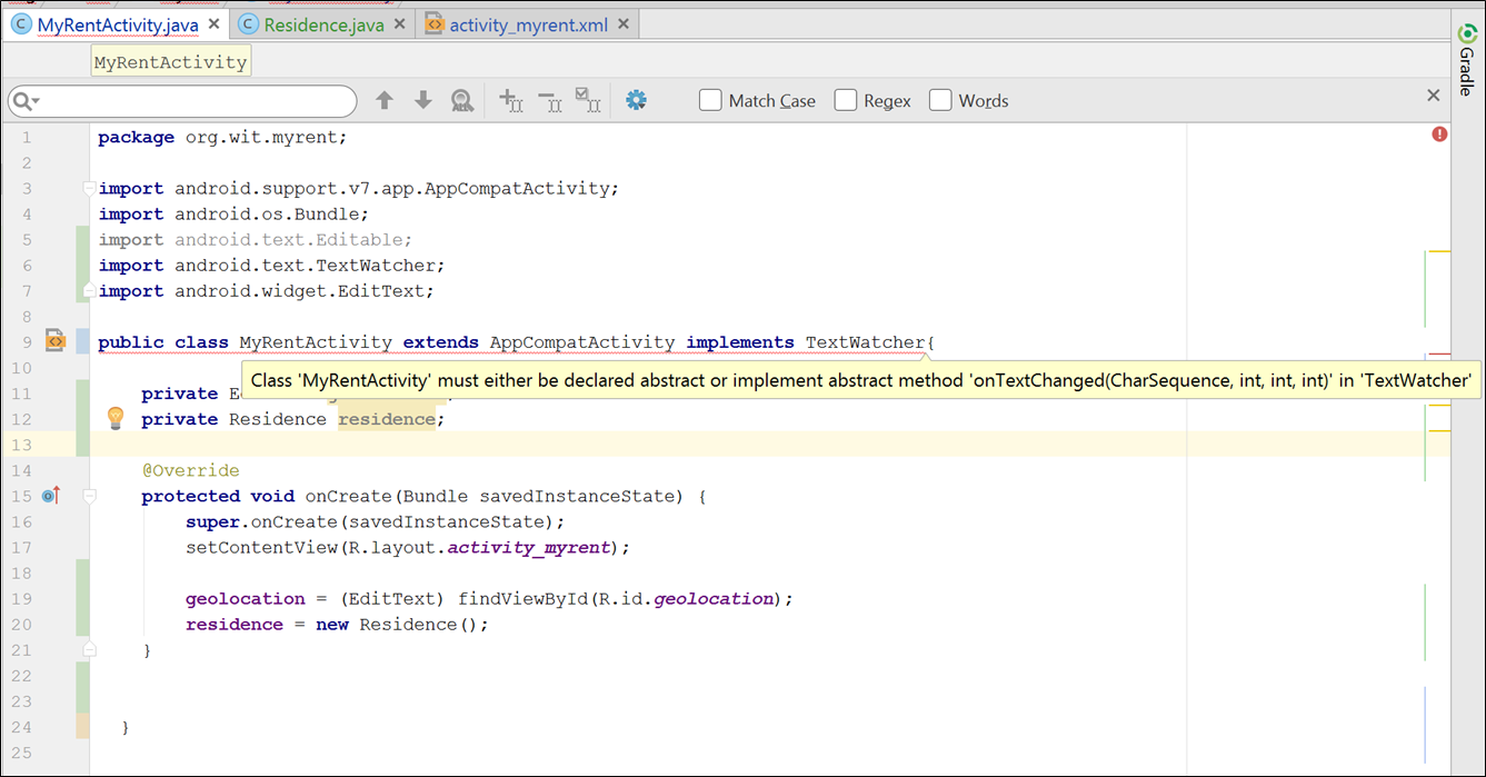 Figure 2: Error indicated due to as yet unimplemented interface methods