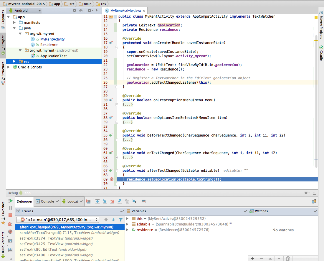 Figure 6: Breakpoint set at residence.setGeolocation