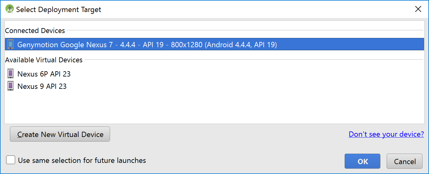 Figure 4: Android Device Chooser - Select emulator on which to run app