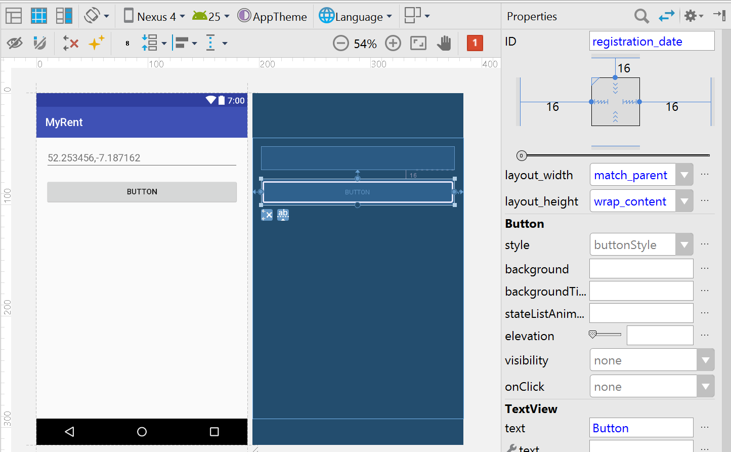 Figure 1: Drag and drop button onto MyRent canvas and manually reformat