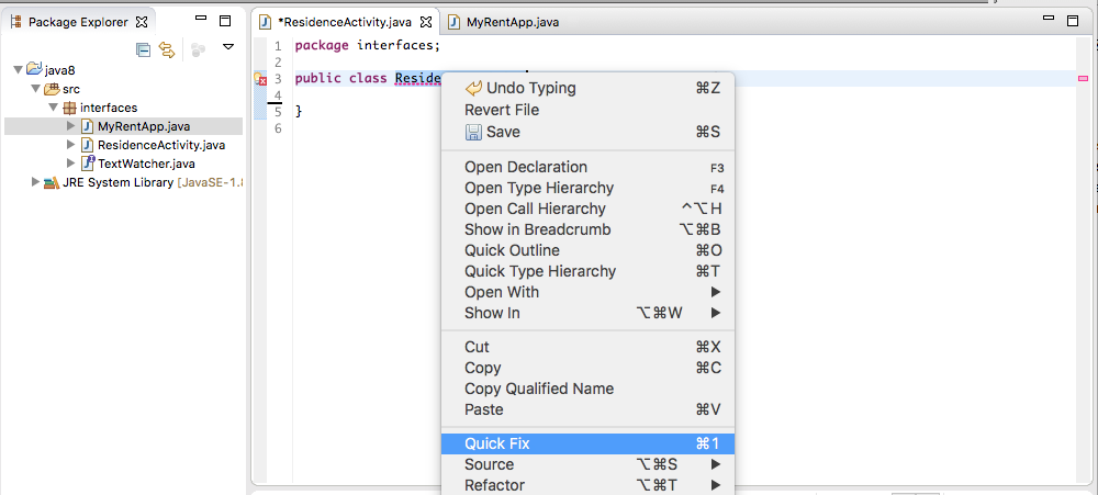 Figure 2: Using Quick Fix to resolve error