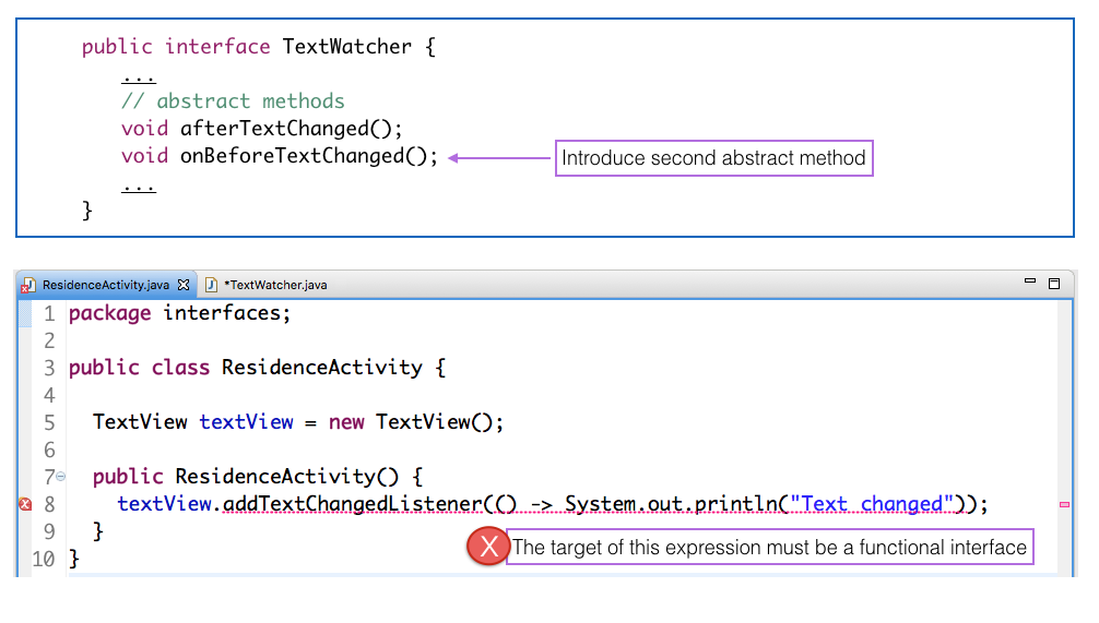 Figure 4: Error introduced by attempting to convert non-functional interface to lambda expression