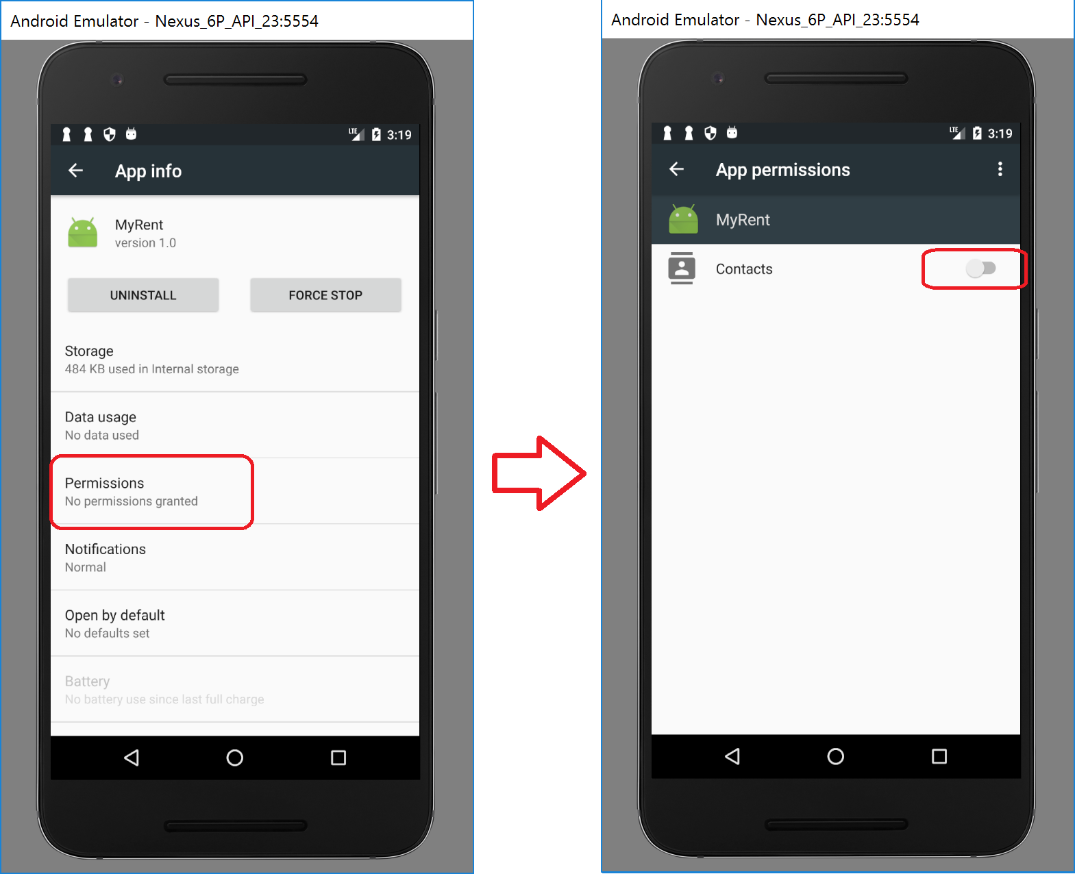 Figure 3: Settings -> Apps - > MyRent: Turn off contact list permission