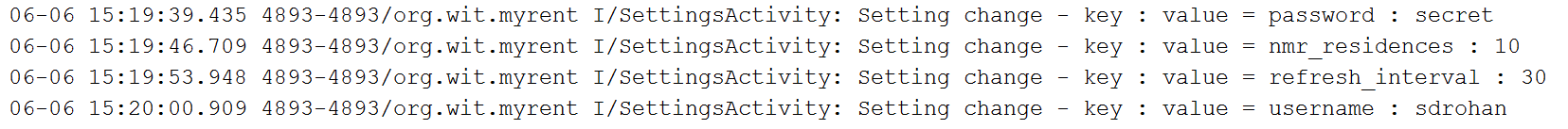 Figure 4: logcat displays result of changed settings